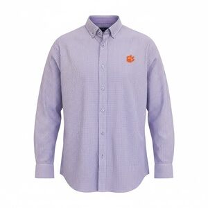 Private Label Purple/White Button-Down Shirt with Orange Embroidered Tiger Paw